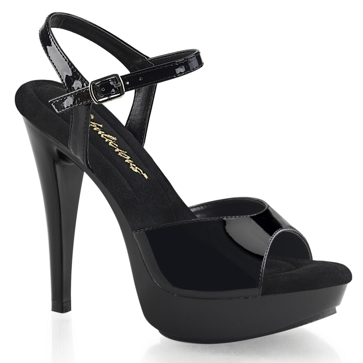 Fabulicious Cocktail-509 5 inch black ankle strap sandal, three-quarter view on white