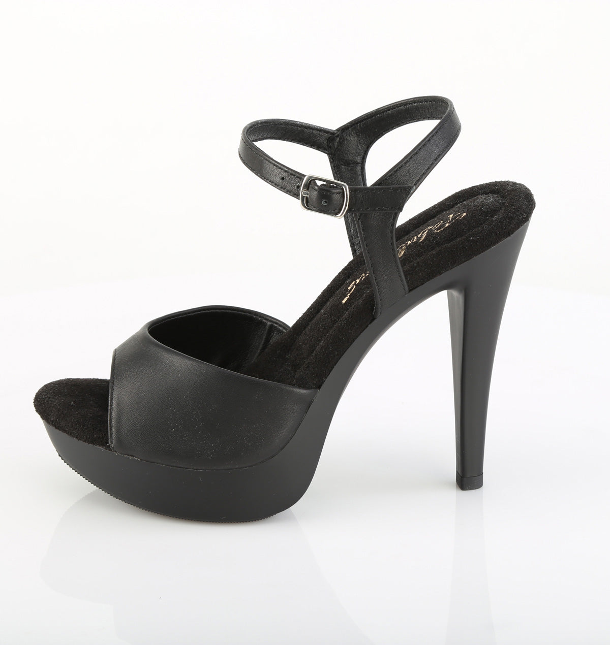 Fabulicious Cocktail-509 5 inch black faux leather ankle strap sandal, side view of the heel
