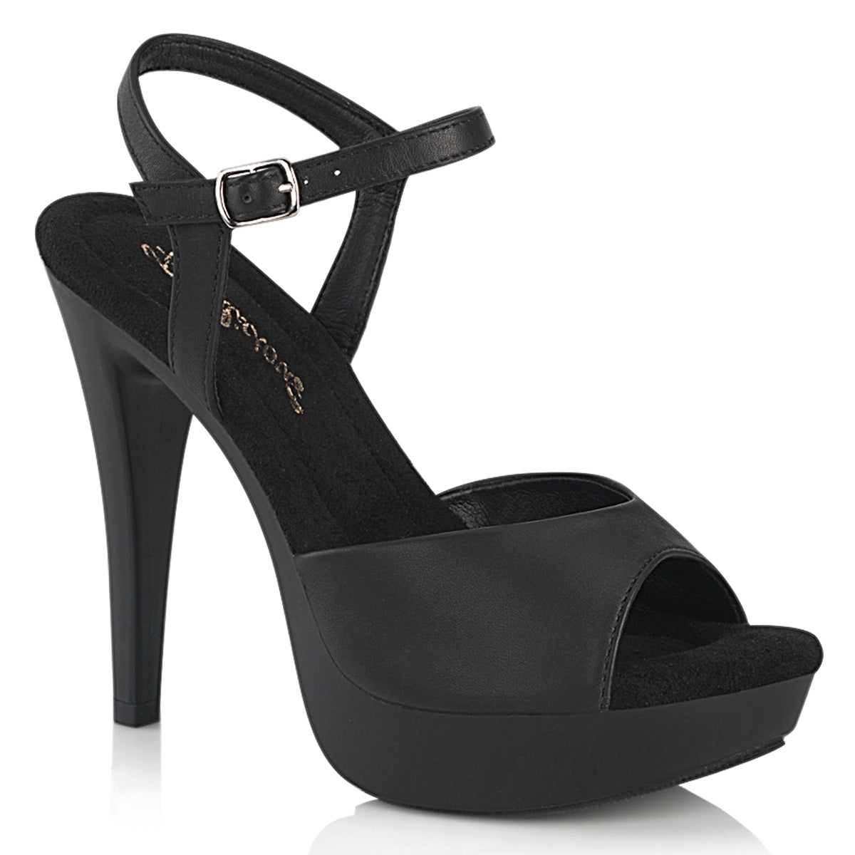 Fabulicious Cocktail-509 5 inch black faux leather ankle strap sandal, three-quarter view on white