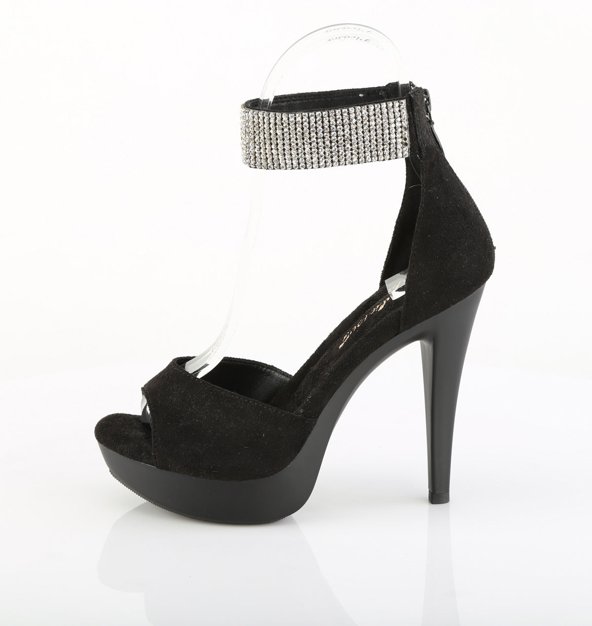 Fabulicious Cocktail-525 5 inch black faux suede rhinestone d'Orsay sandal, side view of the heel