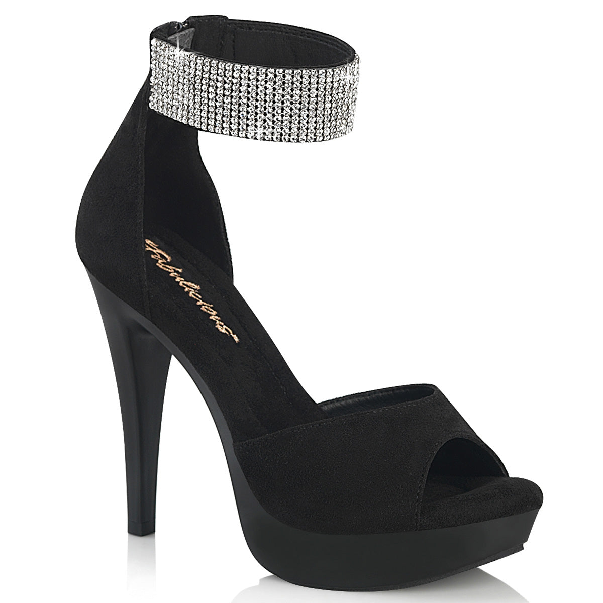 Fabulicious Cocktail-525 5 inch black faux suede rhinestone d'Orsay sandal, three-quarter view on white