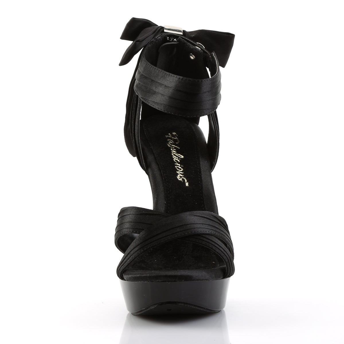 Fabulicious Cocktail-568 5 inch black satin criss cross bow back sandal, front view