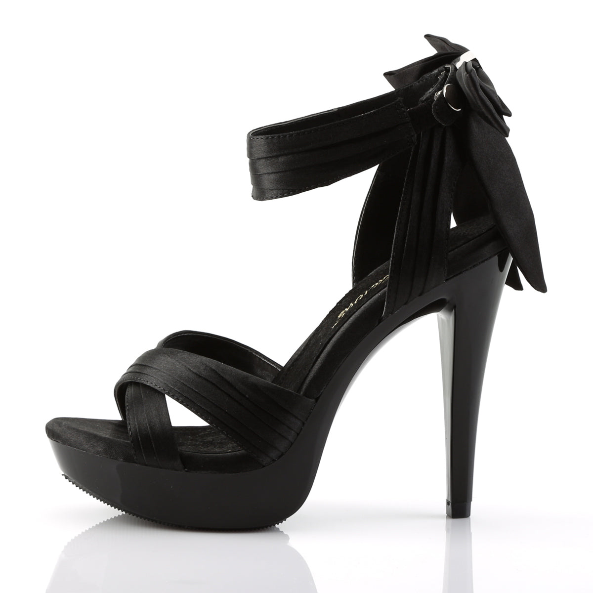 Fabulicious Cocktail-568 5 inch black satin criss cross bow back sandal, side view of the heel