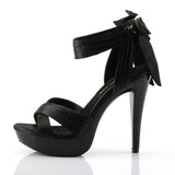 Fabulicious Cocktail-568 5 inch black satin criss cross bow back sandal, side view of the heel