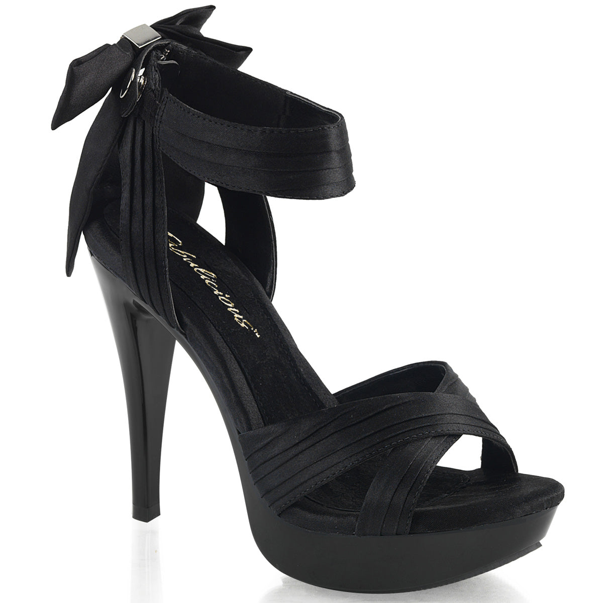 Fabulicious Cocktail-568 5 inch black satin criss cross bow back sandal, three-quarter view on white