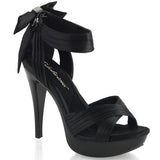 Fabulicious Cocktail-568 5 inch black satin criss cross bow back sandal, three-quarter view on white