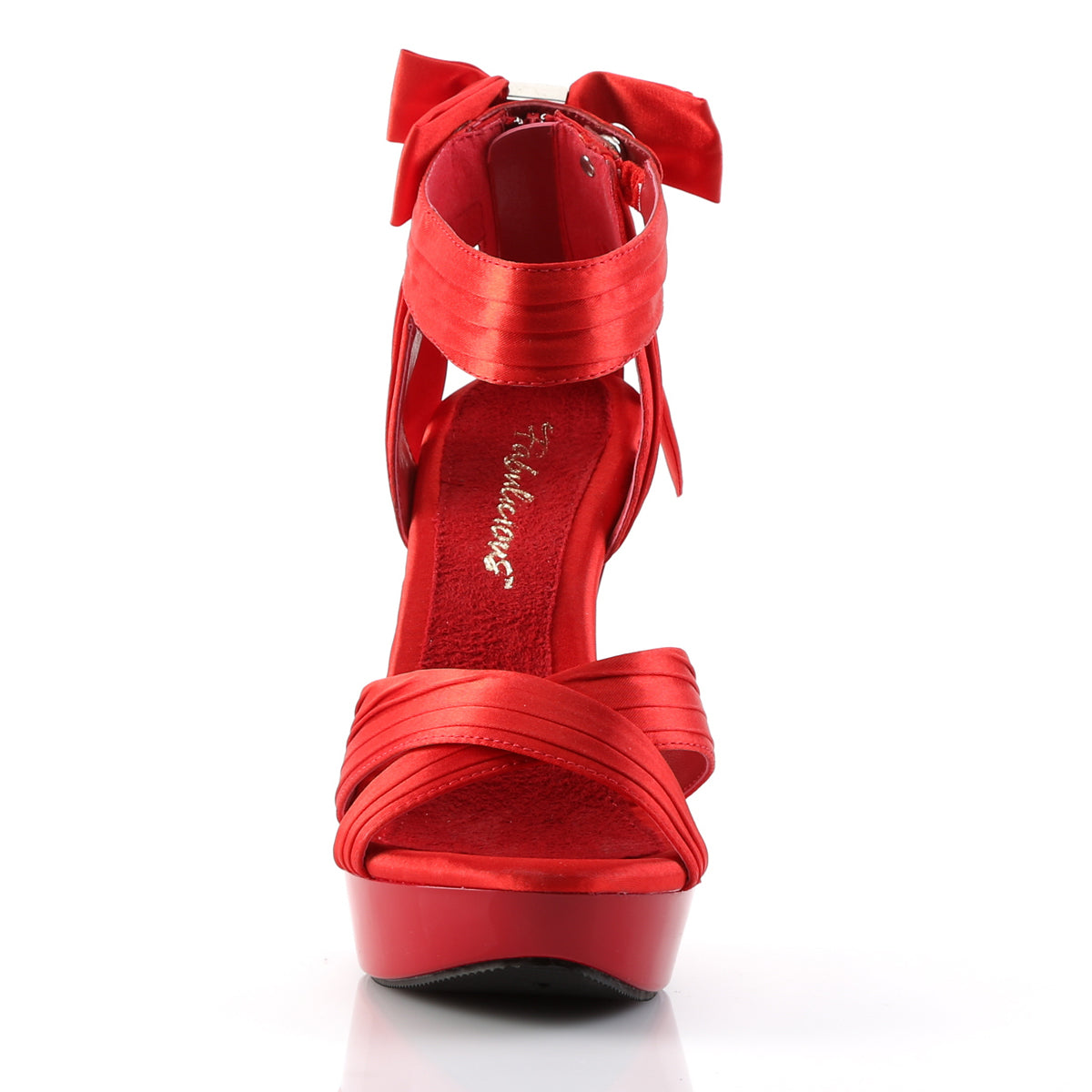 Fabulicious Cocktail-568 5 inch red satin criss cross bow back sandal, front view