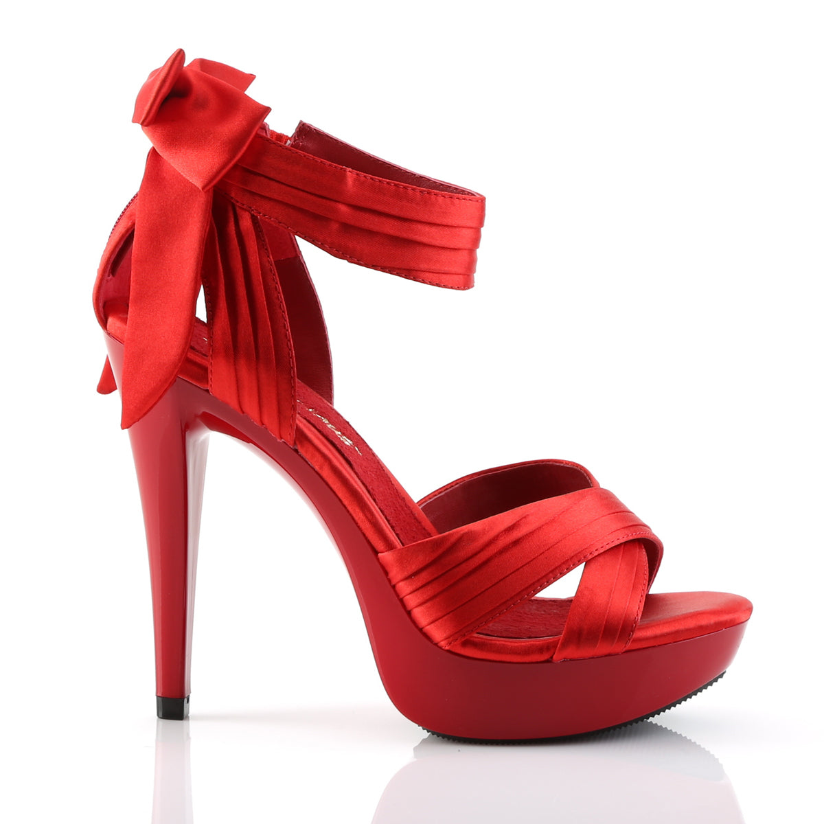 Fabulicious Cocktail-568 5 inch red satin criss cross bow back sandal, inside view