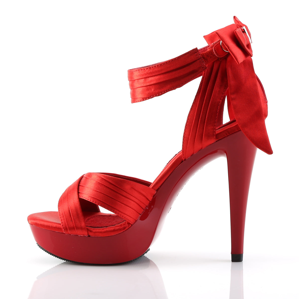 Fabulicious Cocktail-568 5 inch red satin criss cross bow back sandal, side view of the heel