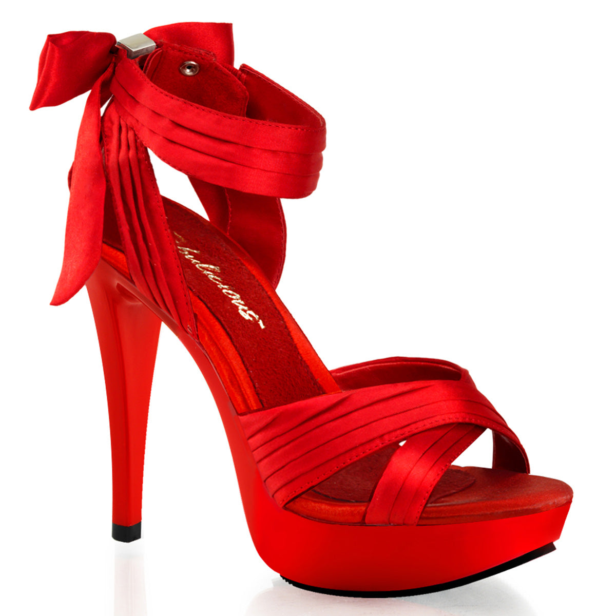Fabulicious Cocktail-568 5 inch red satin criss cross bow back sandal, three-quarter view on white