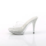Fabulicious Elegant-401 4.5 inch clear rhinestone platform slide, side view of the heel