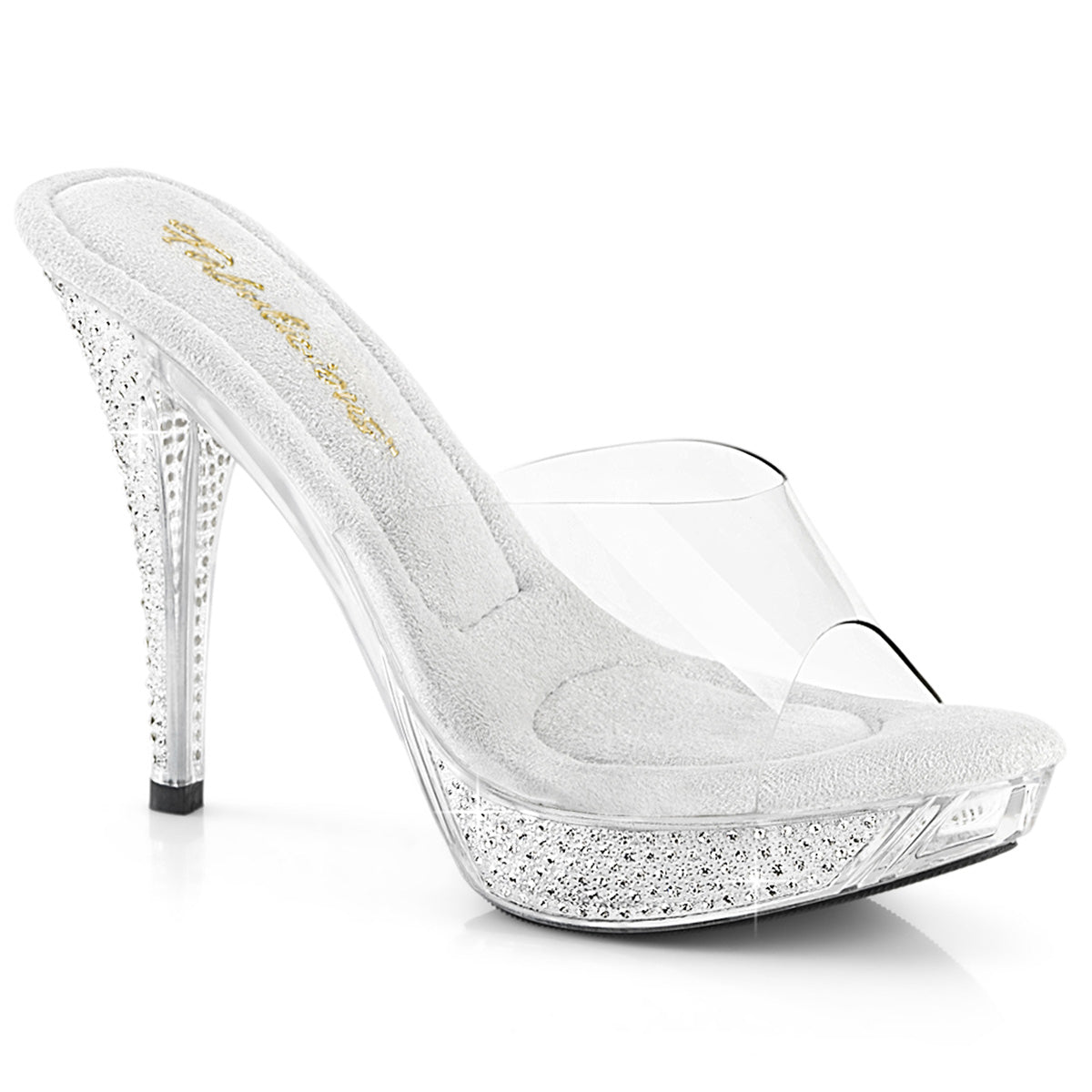 Fabulicious Elegant-401 4.5 inch clear rhinestone platform slide, three-quarter view on white