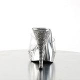 Fabulicious Elegant-401 4.5 inch clear silver chrome rhinestone platform slide, back view of the heel