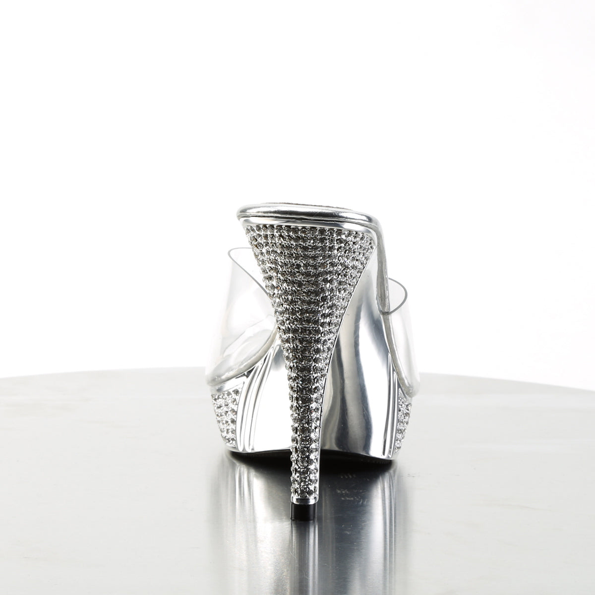 Fabulicious Elegant-401 4.5 inch clear silver chrome rhinestone platform slide, back view of the heel