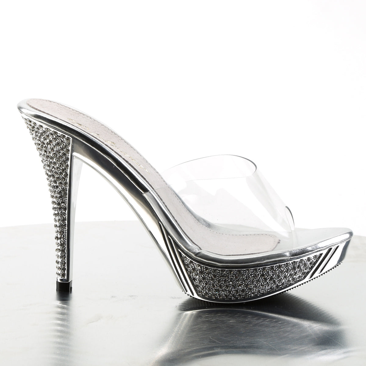 Fabulicious Elegant-401 4.5 inch clear silver chrome rhinestone platform slide, inside view