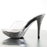 Fabulicious Elegant-401 4.5 inch clear silver chrome rhinestone platform slide, side view of the heel