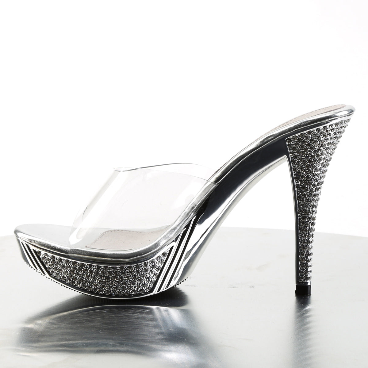 Fabulicious Elegant-401 4.5 inch clear silver chrome rhinestone platform slide, side view of the heel