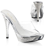 Fabulicious Elegant-401 4.5 inch clear silver chrome rhinestone platform slide, three-quarter view on white