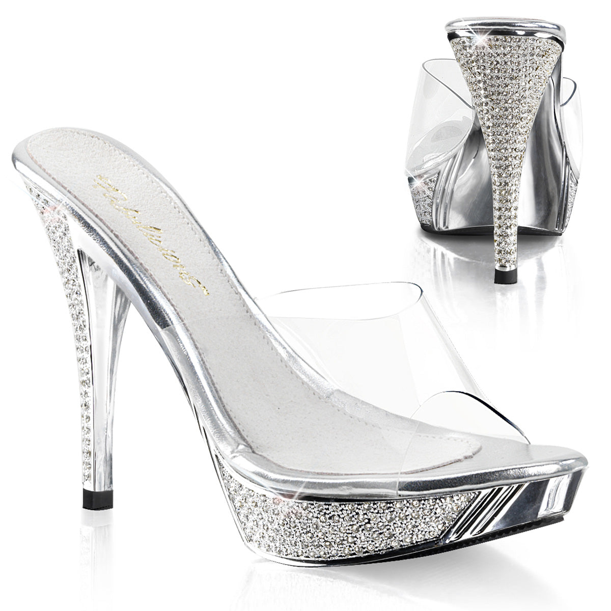Fabulicious Elegant-401 4.5 inch clear silver chrome rhinestone platform slide, three-quarter view on white