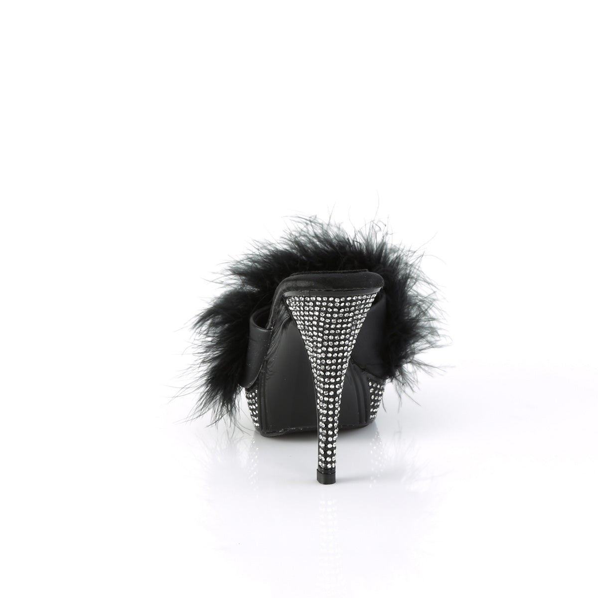Fabulicious Elegant-401F 4.5 inch black marabou slide, back view of the heel