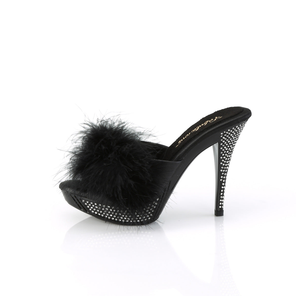 Fabulicious Elegant-401F 4.5 inch black marabou slide, side view of the heel