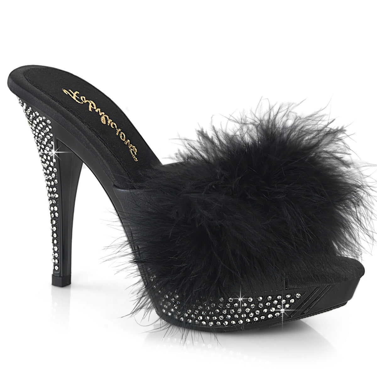 Fabulicious Elegant-401F 4.5 inch black marabou slide, three-quarter view on white