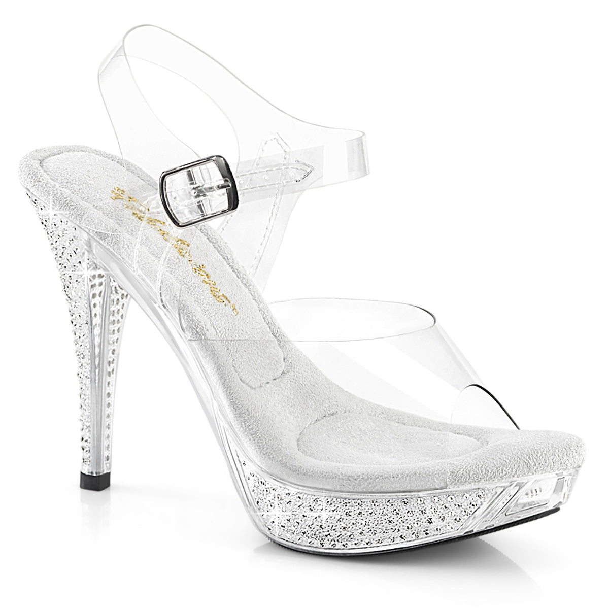 Fabulicious Elegant-408 4.5 inch clear rhinestone platform ankle strap sandal, three-quarter view on white