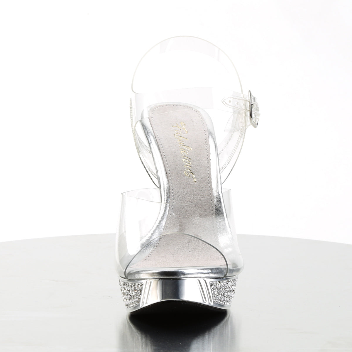 Fabulicious Elegant-408 4.5 inch clear silver chrome rhinestone platform ankle strap sandal, front view