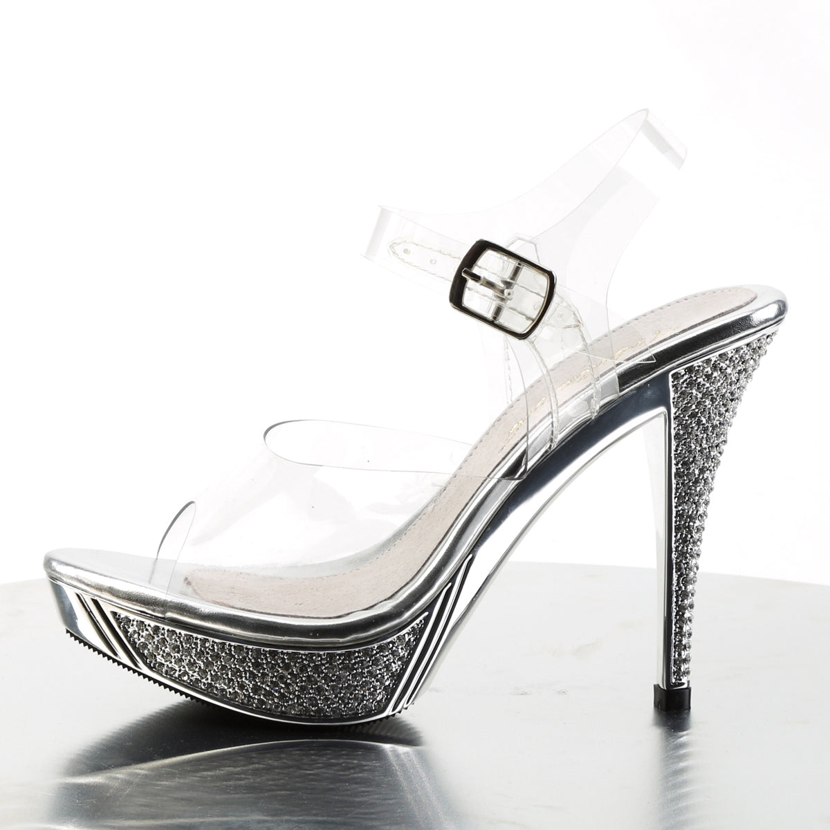 Fabulicious Elegant-408 4.5 inch clear silver chrome rhinestone platform ankle strap sandal, side view of the heel