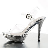 Fabulicious Elegant-408 4.5 inch clear silver chrome rhinestone platform ankle strap sandal, side view of the heel