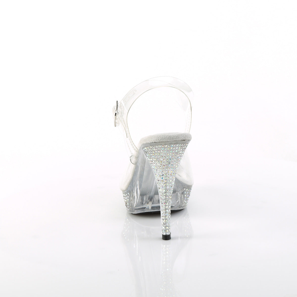 Fabulicious Elegant-408ABRS 4.5 inch clear AB rhinestone ankle strap sandal, back view of the heel