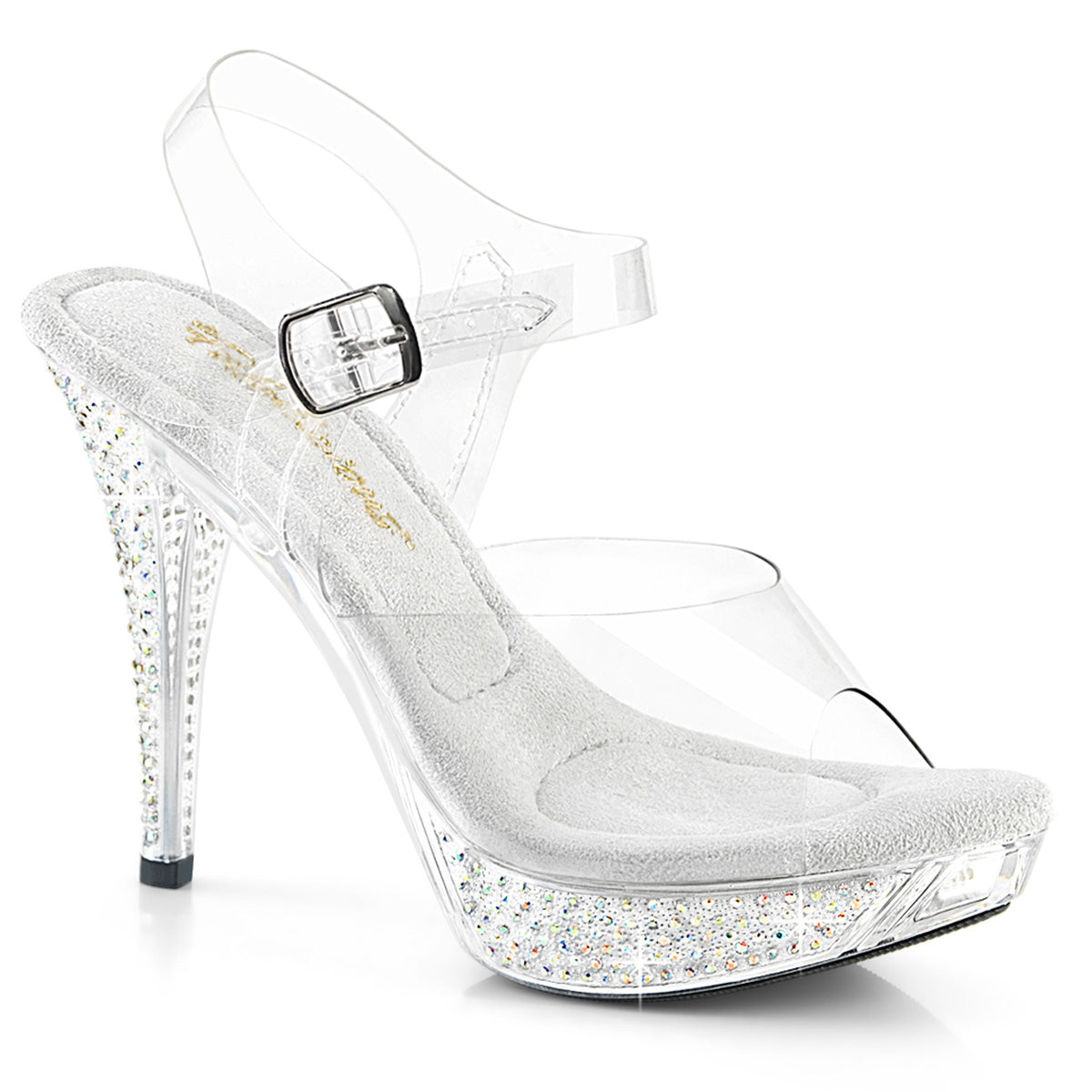 Fabulicious Elegant-408ABRS 4.5 inch clear AB rhinestone ankle strap sandal, three-quarter view on white