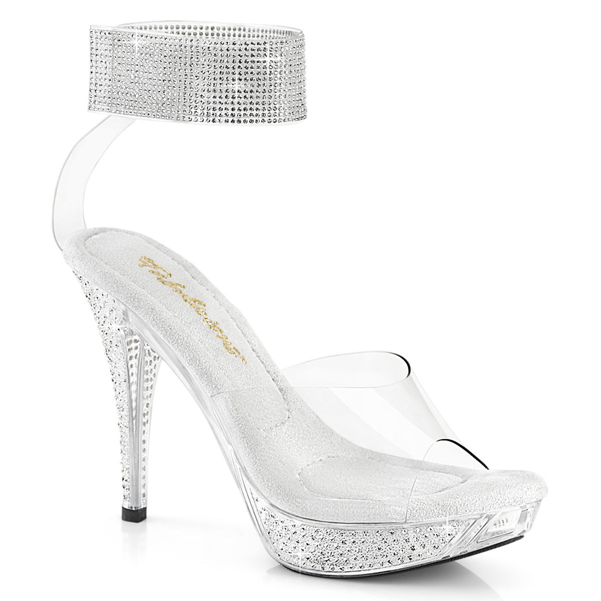 Fabulicious Elegant-442 4.5 inch clear rhinestone ankle cuff sandal, three-quarter view on white