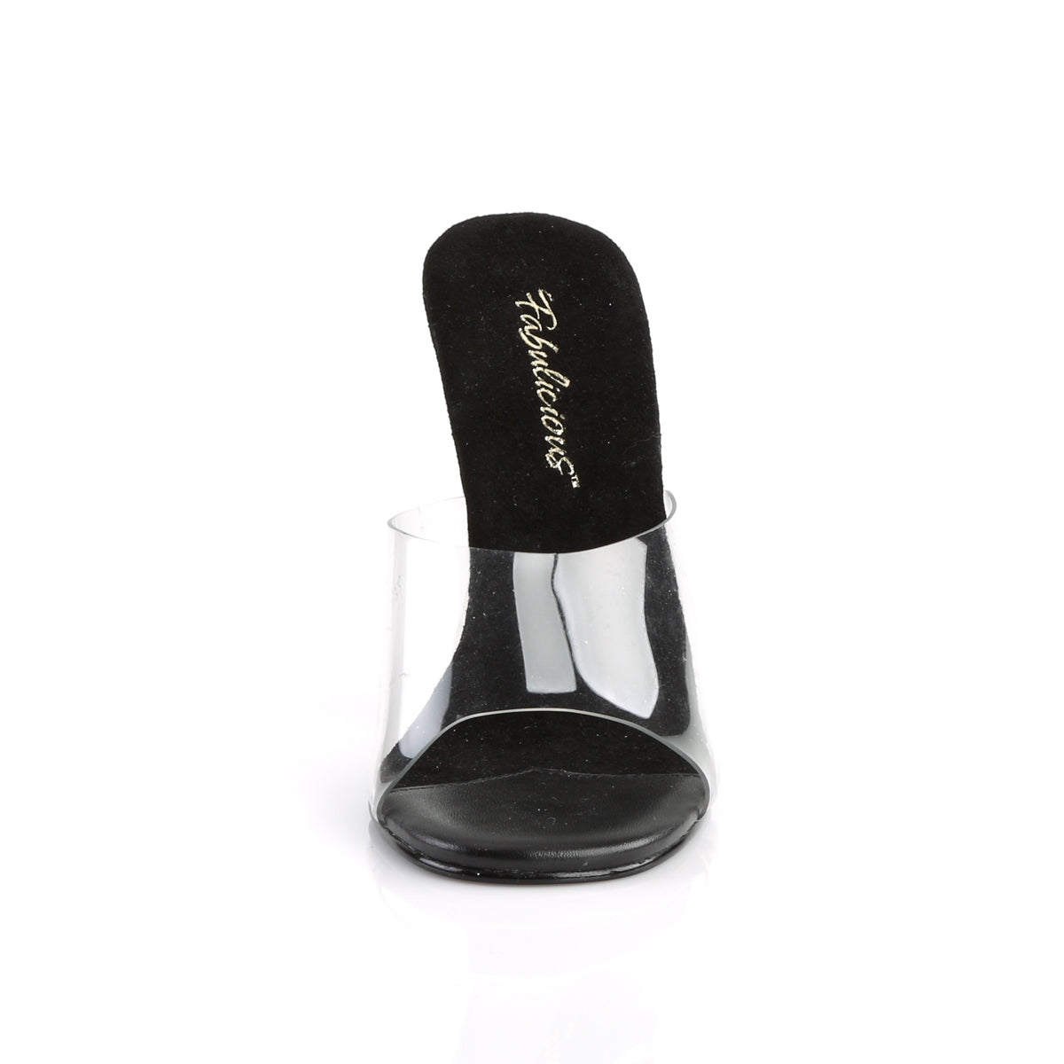 Fabulicious Gala-01 4.5 inch clear black stiletto slide, front view