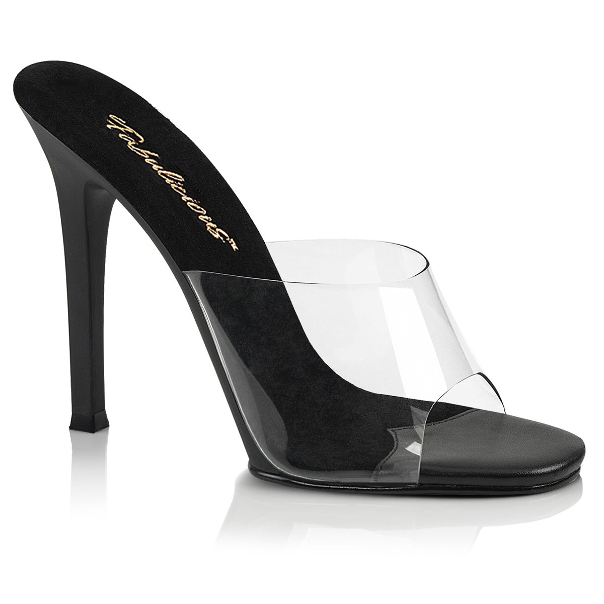 Fabulicious Gala-01 4.5 inch clear black stiletto slide, three-quarter view on white