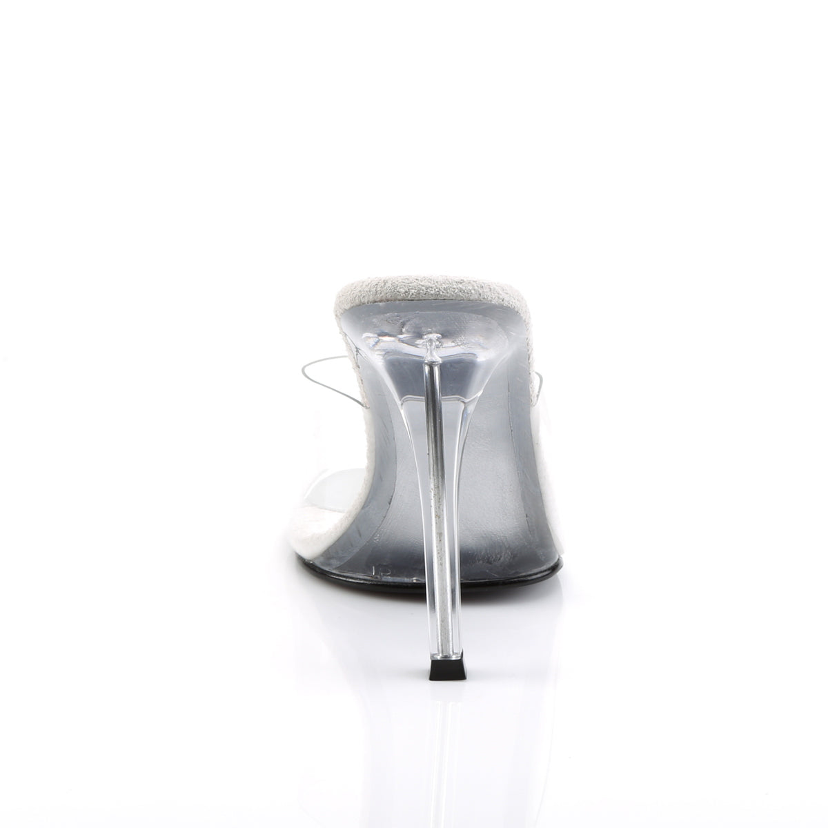 Fabulicious Gala-01 4.5 inch clear stiletto slide, back view of the heel