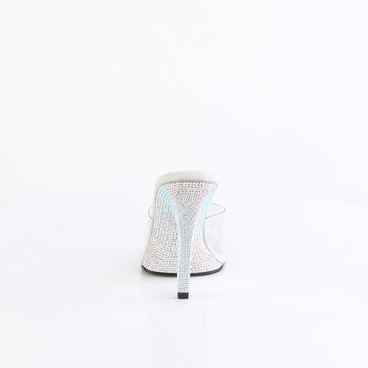 Fabulicious Gala-01DM 4.5 inch clear silver rhinestone stiletto slide, back view of the heel