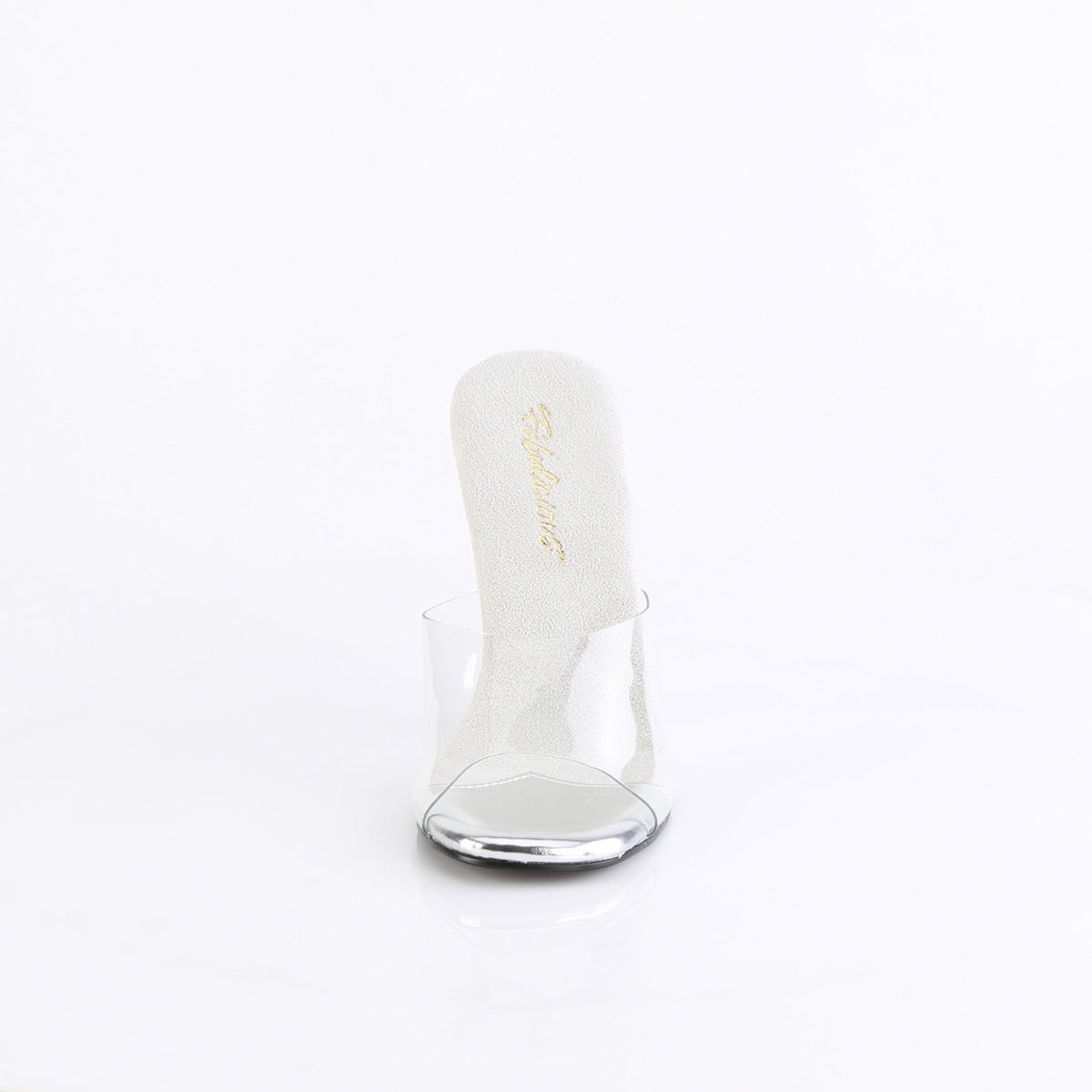 Fabulicious Gala-01DM 4.5 inch clear silver rhinestone stiletto slide, front view