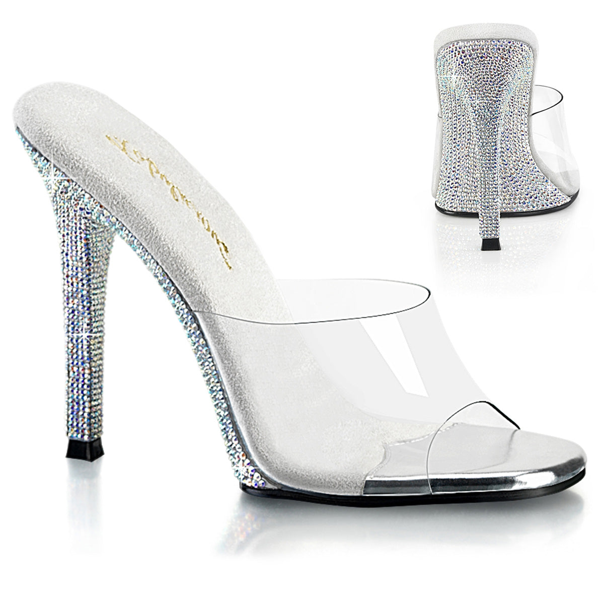 Fabulicious Gala-01DM 4.5 inch clear silver rhinestone stiletto slide, three-quarter view on white
