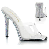 Fabulicious Gala-01DM 4.5 inch clear silver rhinestone stiletto slide, three-quarter view on white
