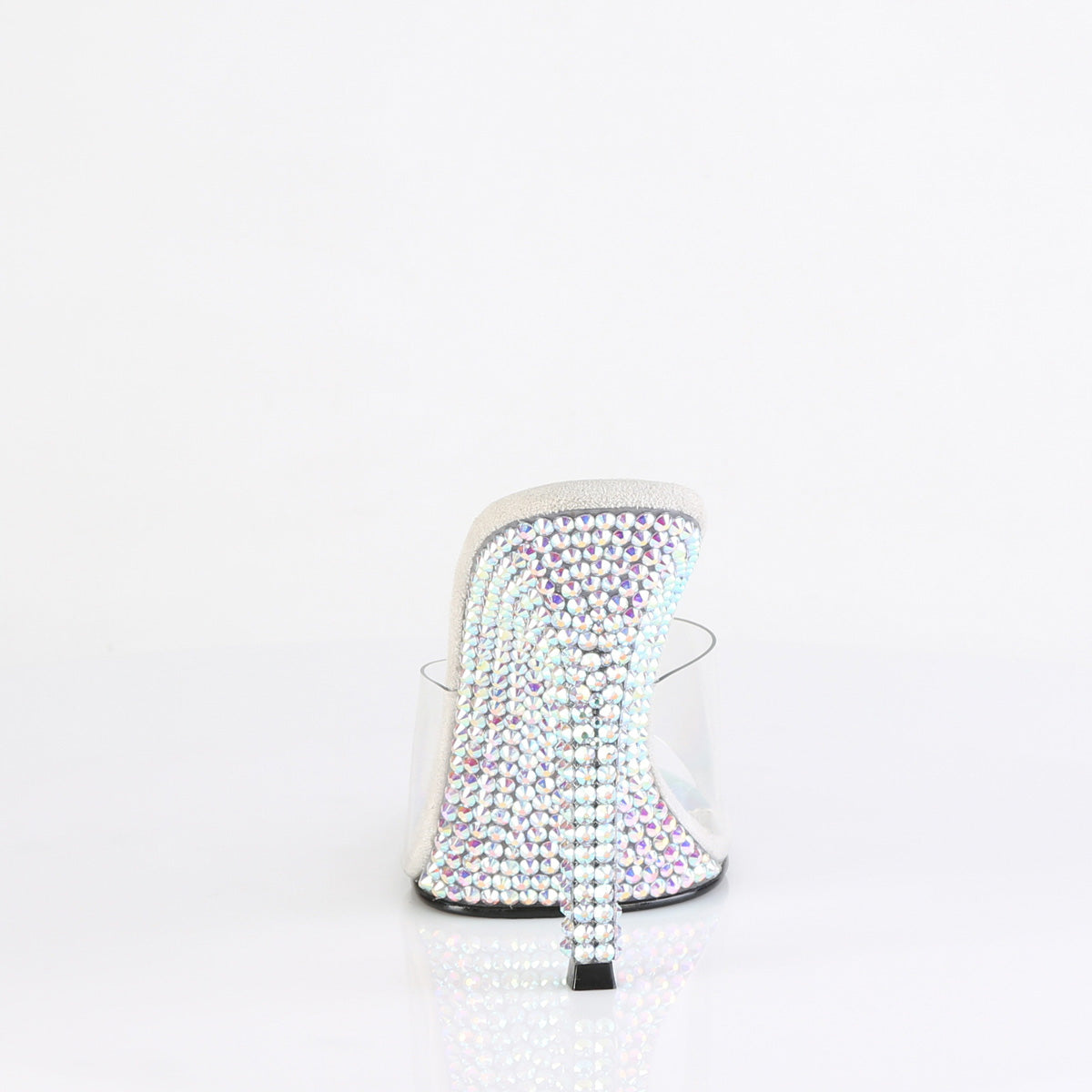 Fabulicious Gala-01DML 4.5 inch clear silver large rhinestone stiletto slide, back view of the heel