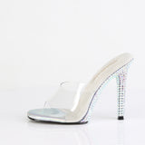 Fabulicious Gala-01DML 4.5 inch clear silver large rhinestone stiletto slide, side view of the heel