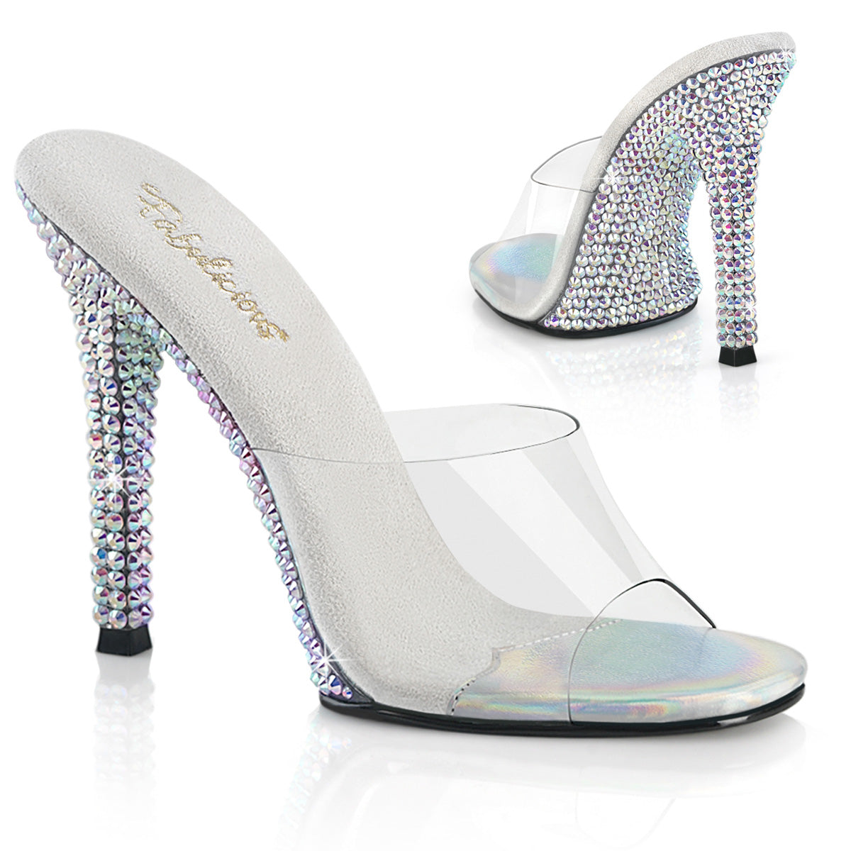 Fabulicious Gala-01DML 4.5 inch clear silver large rhinestone stiletto slide, three-quarter view on white