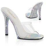 Fabulicious Gala-01DML 4.5 inch clear silver large rhinestone stiletto slide, three-quarter view on white