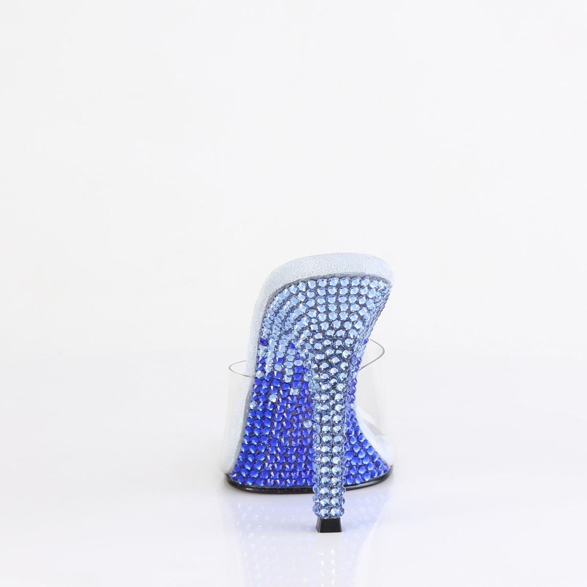 Fabulicious Gala-01DMM 4.5 inch clear baby blue two tone rhinestone stiletto slide, back view of the heel