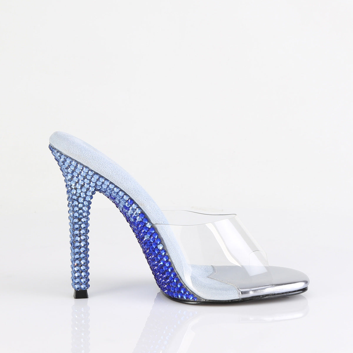 Fabulicious Gala-01DMM 4.5 inch clear baby blue two tone rhinestone stiletto slide, inside view