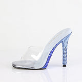 Fabulicious Gala-01DMM 4.5 inch clear baby blue two tone rhinestone stiletto slide, side view of the heel