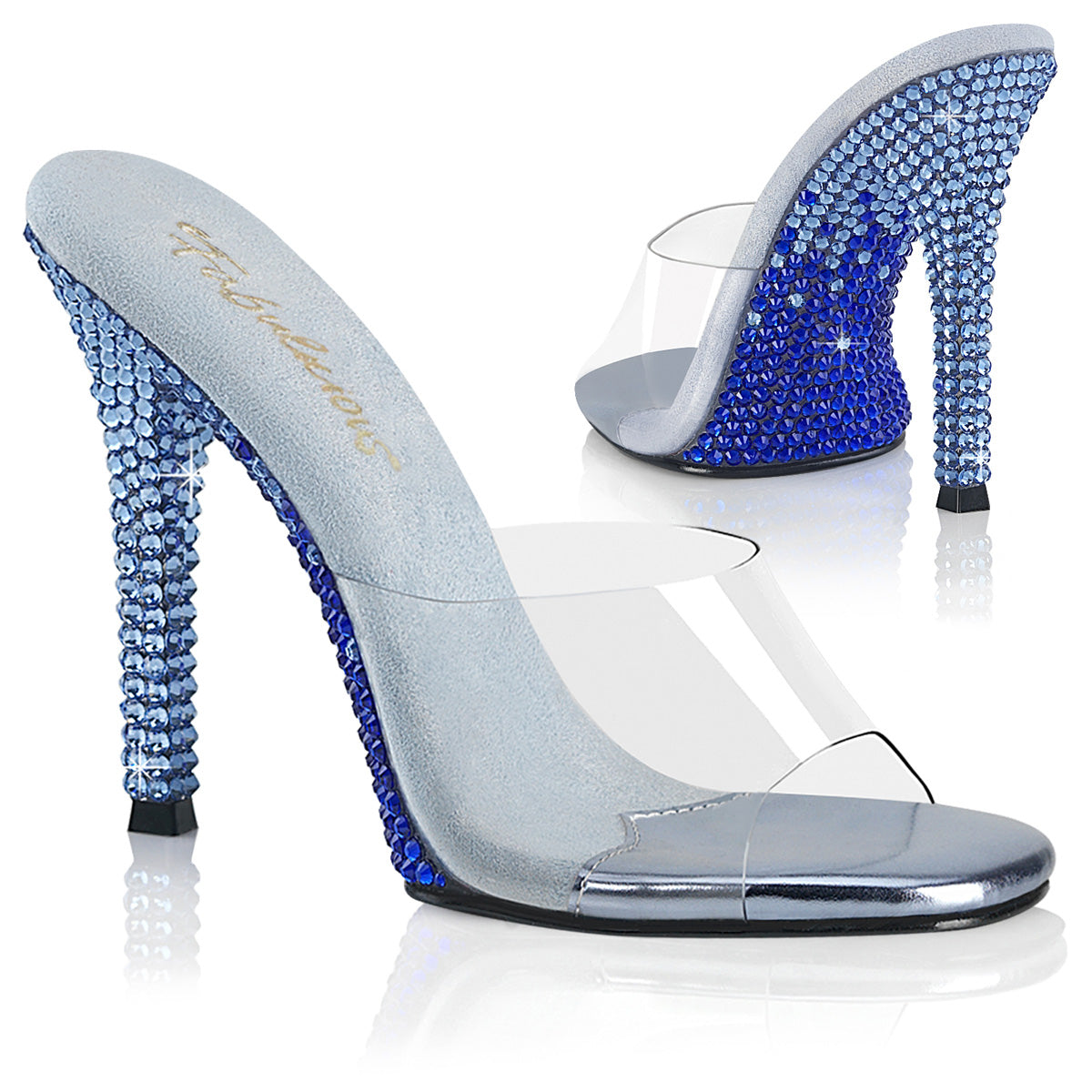 Fabulicious Gala-01DMM 4.5 inch clear baby blue two tone rhinestone stiletto slide, three-quarter view on white
