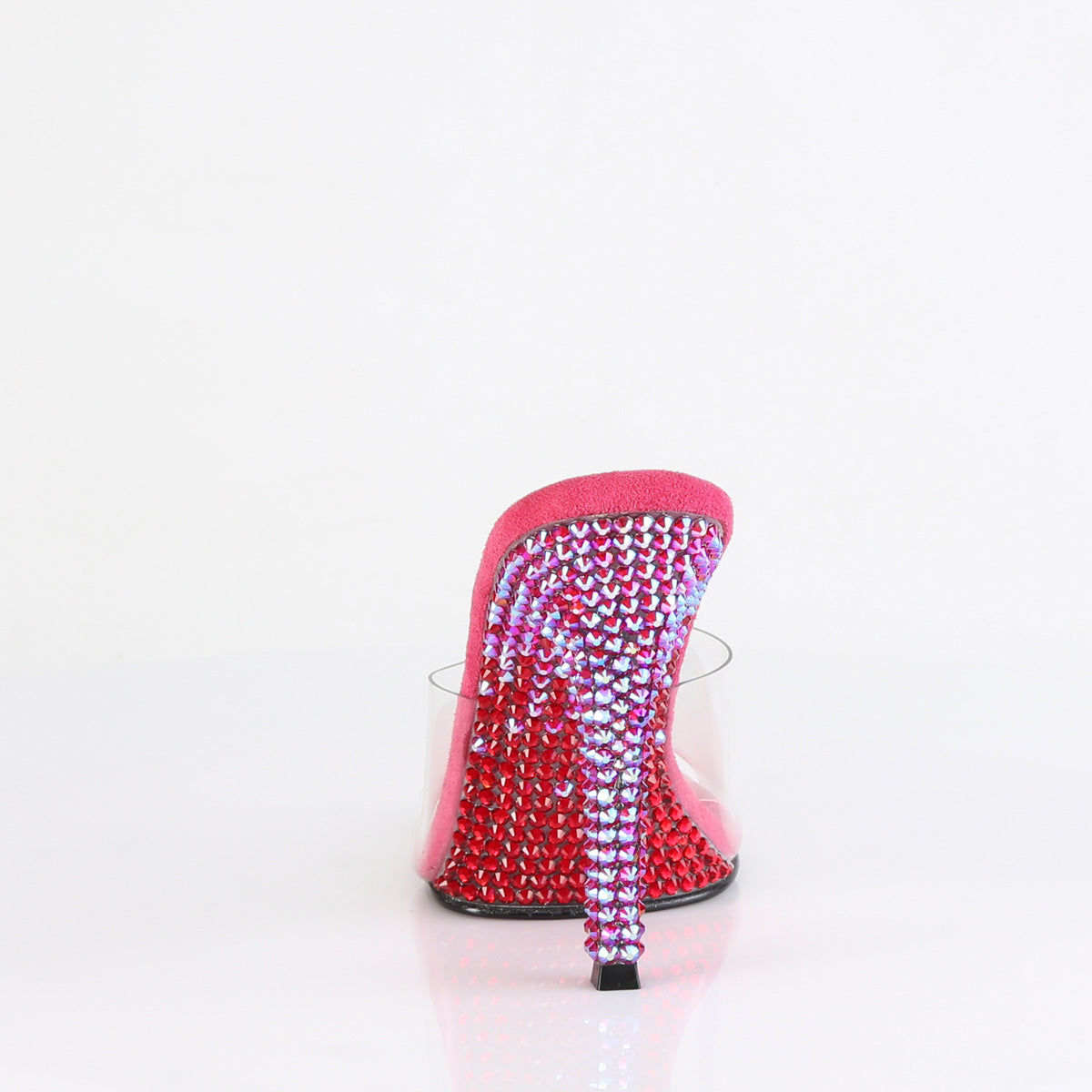 Fabulicious Gala-01DMM 4.5 inch clear fuchsia two tone rhinestone stiletto slide, back view of the heel