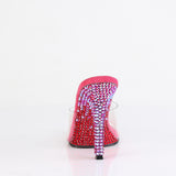 Fabulicious Gala-01DMM 4.5 inch clear fuchsia two tone rhinestone stiletto slide, back view of the heel